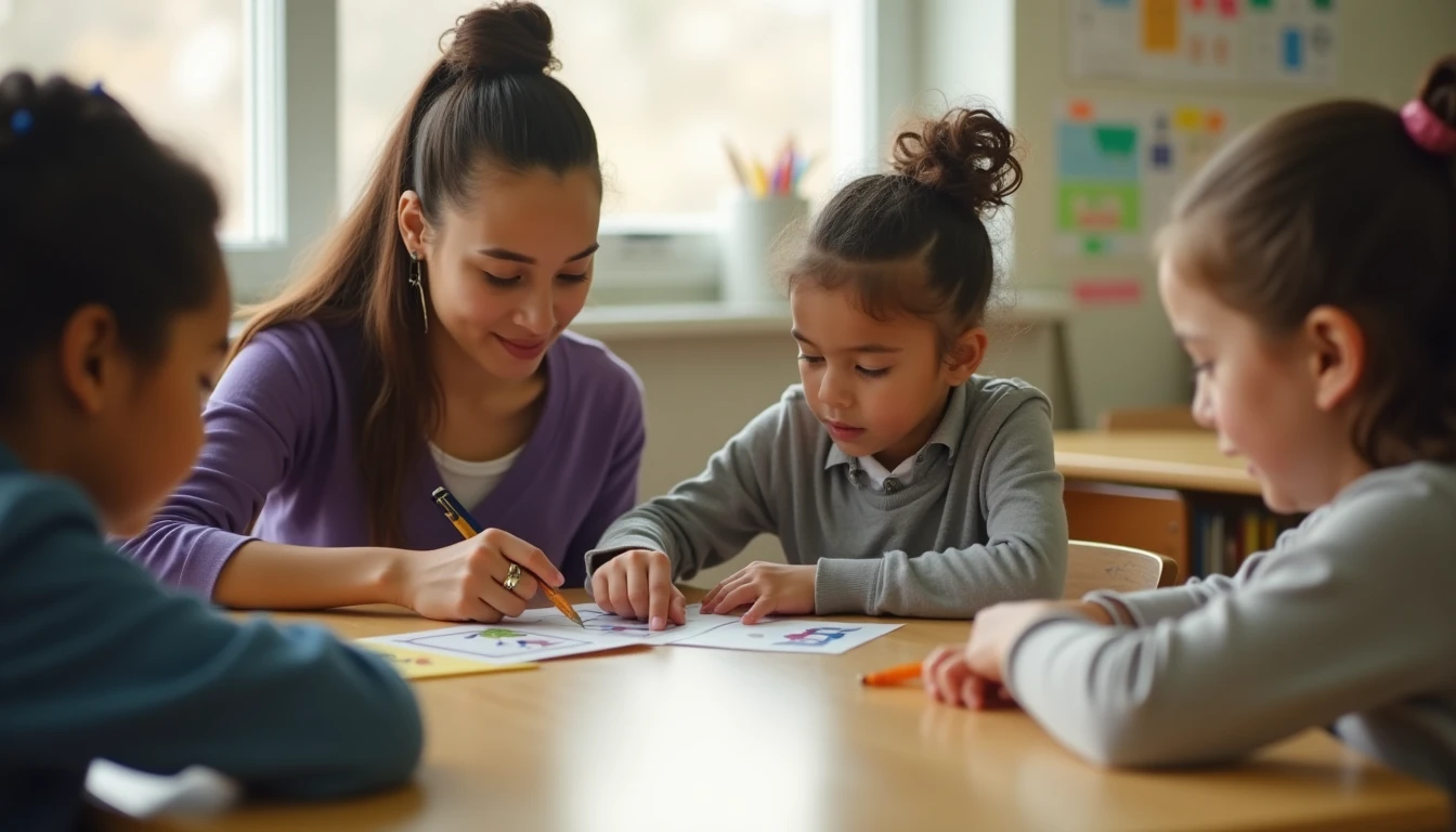 Paraeducator helps a young student follow a picture task card at a quiet classroom table