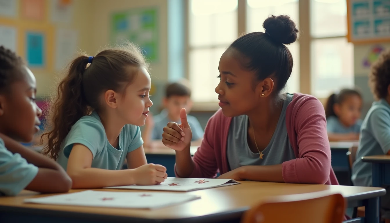 Paraeducator giving a thumbs-up to a student who adds a star to a token board at a classroom table