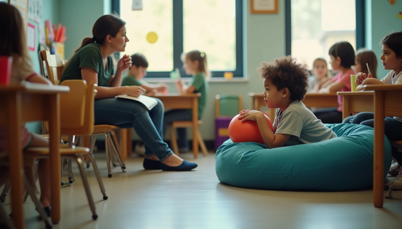Paraeducator sitting near a student who squeezes a stress ball in a quiet classroom corner