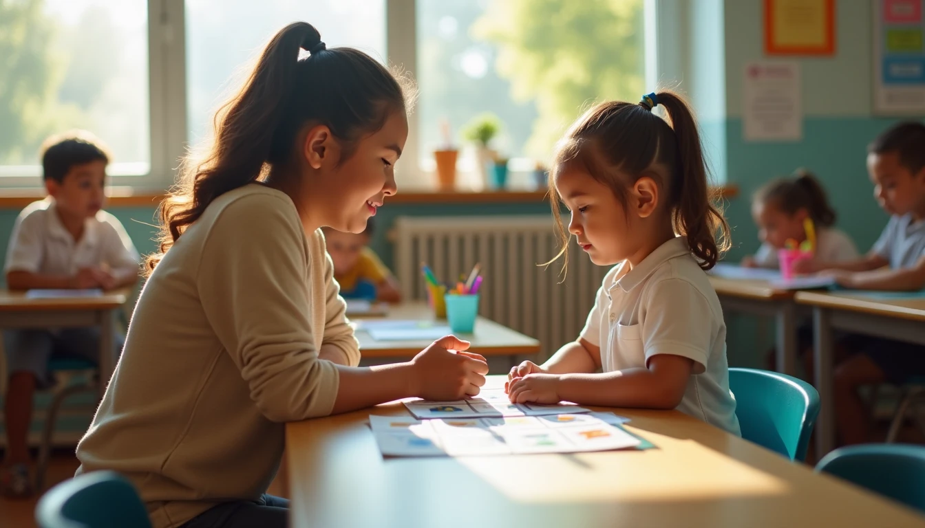 Paraeducator helps a student check a picture-based visual schedule at a desk in a calm classroom